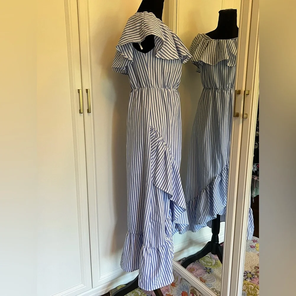 LOVE J OFF THE SHOULDER BLUE & WHITE STRIPE DRESS‎ NWOT SLIPS ON - Picture 4 of 9